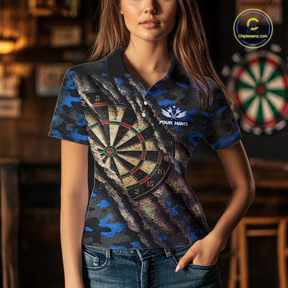 Blue Retro Grunge Camo Darts Shirt For Women Custom Darts Jersey Team Polo & Quarter Zip Uniform TDM5449