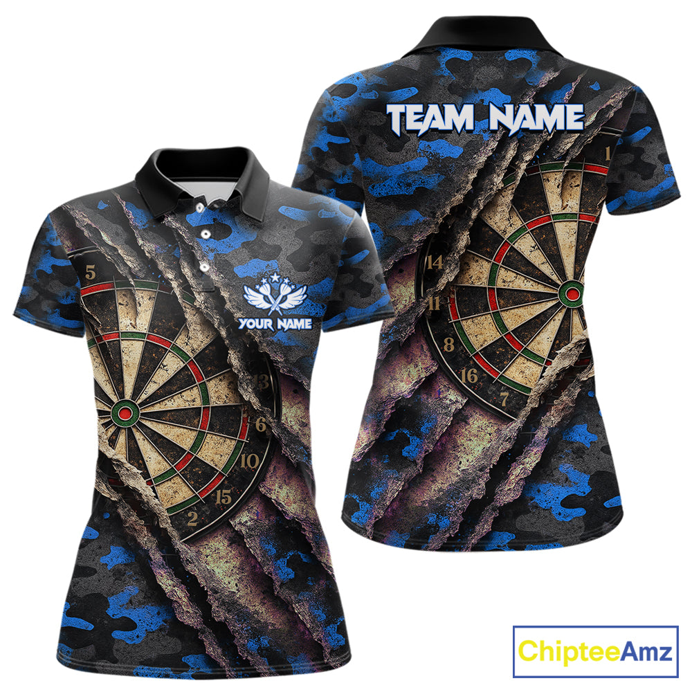 Blue Retro Grunge Camo Darts Shirt For Women Custom Darts Jersey Team Polo & Quarter Zip Uniform TDM5449