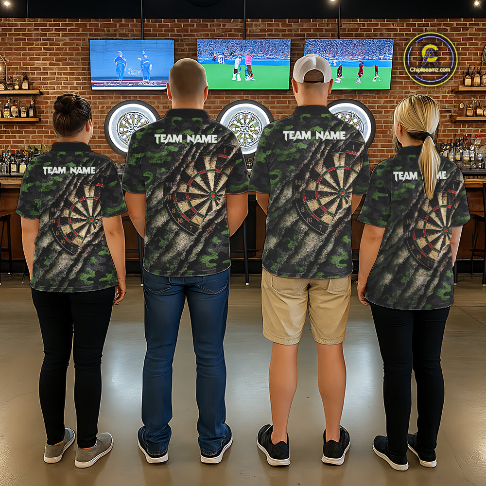 Green Retro Grunge Camo Darts Shirt For Men Custom Darts Jersey Team Polo & Quarter Zip Uniform TDM5450