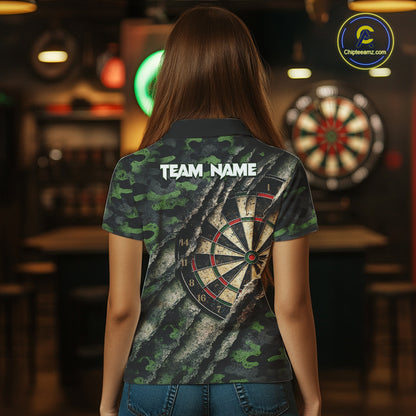 Green Retro Grunge Camo Darts Shirt For Women Custom Darts Jersey Team Polo & Quarter Zip Uniform TDM5450