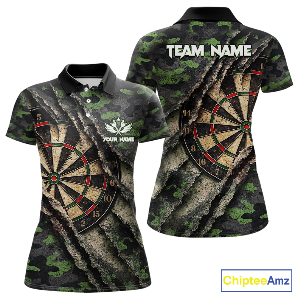 Green Retro Grunge Camo Darts Shirt For Women Custom Darts Jersey Team Polo & Quarter Zip Uniform TDM5450
