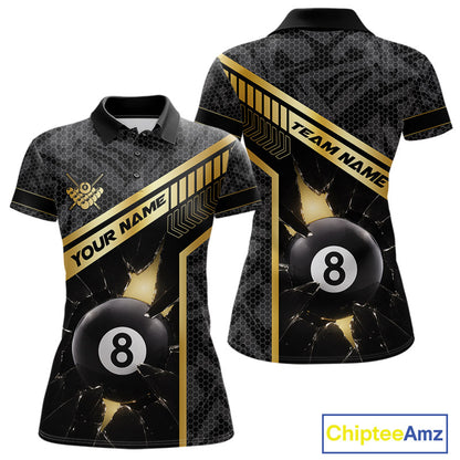 Black And Gold 8 Ball Break Glass Billiard Shirt For Women Custom Pool Team Jersey Polo & 1/4 Zip TDM6069