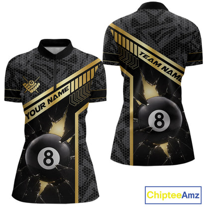 Black And Gold 8 Ball Break Glass Billiard Shirt For Women Custom Pool Team Jersey Polo & 1/4 Zip TDM6069