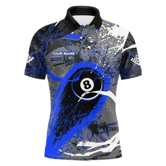 Blue Grunge 8 Ball Pool Custom Billiard Shirts For Men, Billiard Team Jerseys Polo 1/4 Zip TDM6074
