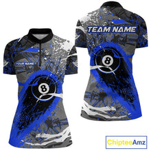 Load image into Gallery viewer, Blue Grunge 8 Ball Pool Custom Billiard Shirts For Women, Billiard Team Jerseys Polo 1/4 Zip TDM6074
