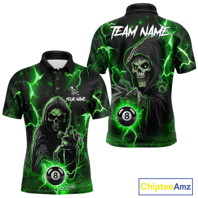 Green Grim Reaper 8 Ball Billiard Shirt For Men Custom Lightning Billiard Team Jersey Polo, 1/4 Zip TDM6326
