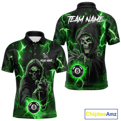 Green Grim Reaper 8 Ball Billiard Shirt For Men Custom Lightning Billiard Team Jersey Polo, 1/4 Zip TDM6326