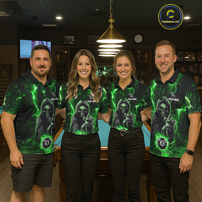 Green Grim Reaper 8 Ball Billiard Shirt For Men Custom Lightning Billiard Team Jersey Polo, 1/4 Zip TDM6326