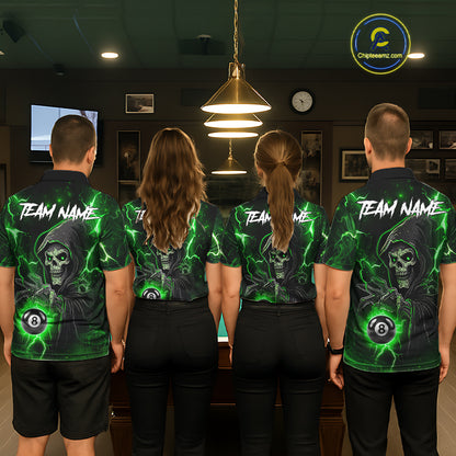 Green Grim Reaper 8 Ball Billiard Shirt For Men Custom Lightning Billiard Team Jersey Polo, 1/4 Zip TDM6326