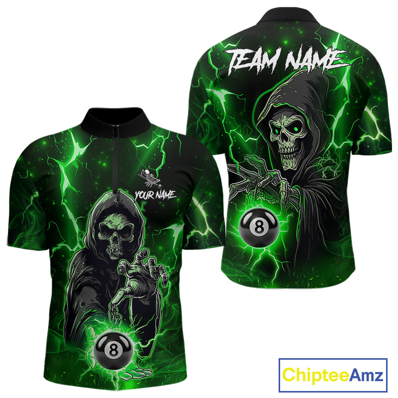 Green Grim Reaper 8 Ball Billiard Shirt For Men Custom Lightning Billiard Team Jersey Polo, 1/4 Zip TDM6326