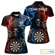 Load image into Gallery viewer, Blue And Red Flaming Grim Reaper Darts Shirts For Women Custom Darts Team Jersey Polo &amp; 1/4 Zip TDM6503