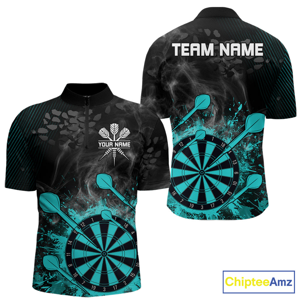 Turquoise Dartboard Splatter Smoke Darts Shirt For Men Custom Darts Team Jersey Polo & 1/4 Zip TDM6504
