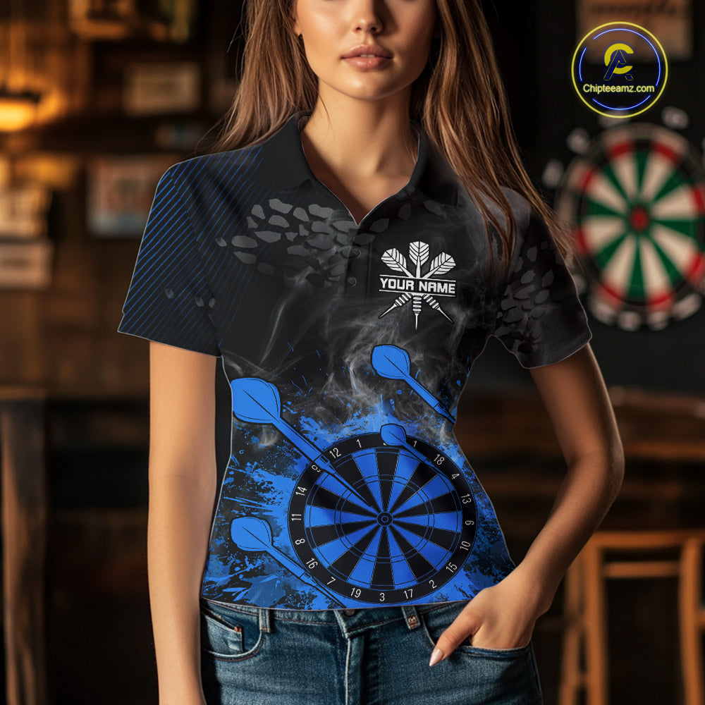 Blue Dartboard Splatter Smoke Darts Shirt For Women Custom Grunge Darts Team Jersey Polo & 1/4 Zip TDM6506