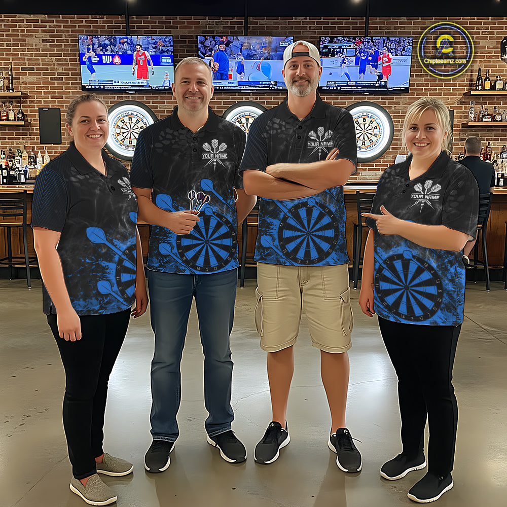 Blue Dartboard Splatter Smoke Darts Shirt For Men Custom Grunge Darts Team Jersey Polo & 1/4 Zip TDM6506