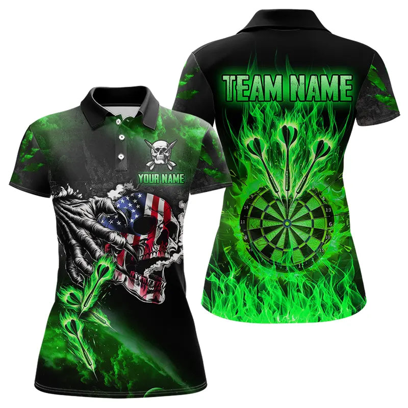 Fire Flame Darts Board American Flag Skull Dart Shirts For Women Custom Darts Team Jerseys |Green TDM2981