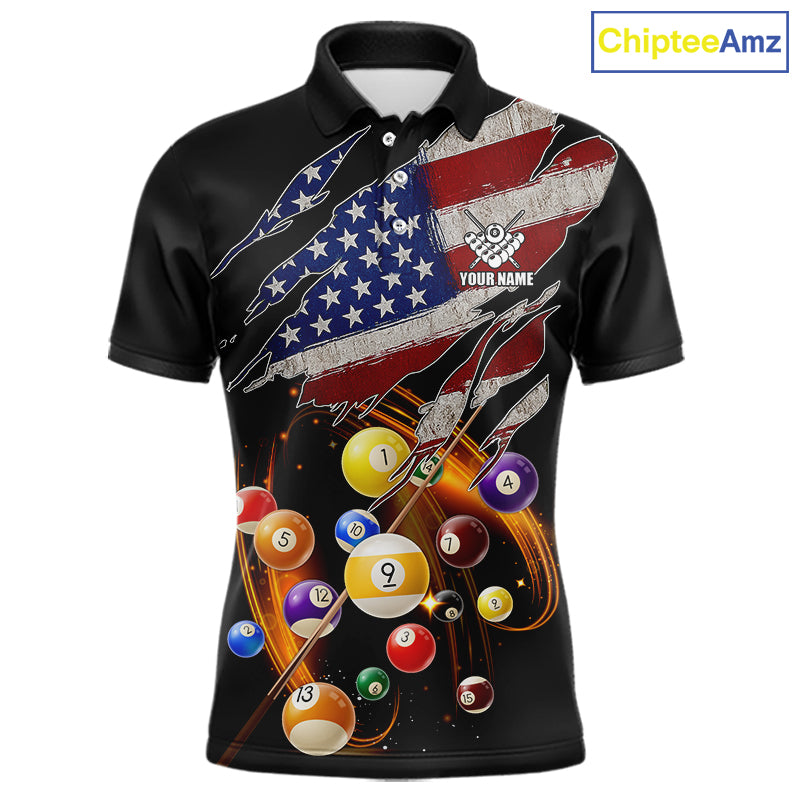 American Flag Pool Balls Billiard Shirt For Men Custom Patriotic Billiard Jersey Polo & 1/4 Zip TDM5730