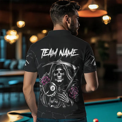 Personalized Pink Funny Skull Roses 8 Ball Billiard Shirts For Men Custom Pool Team Shirts TDM3729
