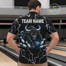 Load image into Gallery viewer, Back view of man wearing a blue bull lightning bowling quarter zip shirt in a bowling alley.