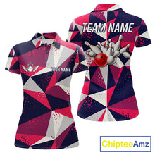 Load image into Gallery viewer, Geometric bowling tournament polo shirt for women with custom bowling league graphics.