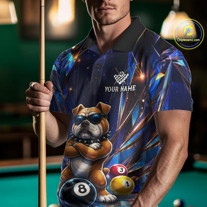 Man wearing personalized funny crystal bulldog 8 ball pool billiard team jersey polo shirt featuring crystal bulldog and 8 ball artwork, front view.