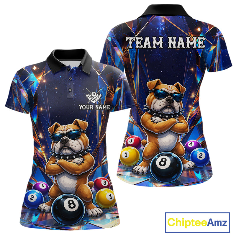 Personalized funny crystal bulldog 8 ball pool billiard team jersey polo shirt for women featuring colorful crystal bulldog artwork, premium custom billiard apparel for league matches and tournament play.