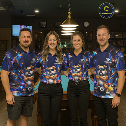Man wearing personalized funny crystal bulldog 8 ball pool billiard team jersey quarter zip shirt featuring crystal bulldog and 8 ball artwork, front view.