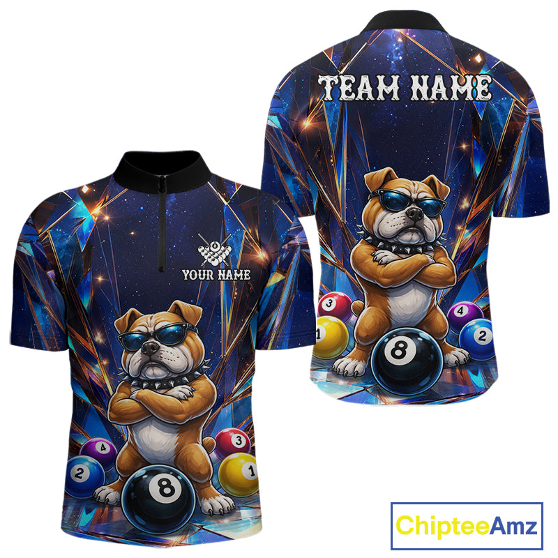 Personalized funny crystal bulldog 8 ball pool billiard team jersey quarter zip shirt for men featuring detailed crystal bulldog and 8 ball graphics, premium custom pool apparel.