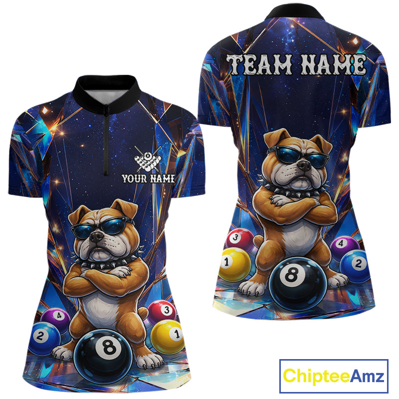 Personalized funny crystal bulldog 8 ball pool billiard team jersey quarter zip shirt for women featuring detailed crystal bulldog and 8 ball graphics, premium custom pool apparel.