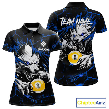 Personalized 9 Ball Pool Wolf Billiard Shirts For Women, Billiard Team Jersey Polo & 1/4 Zip |Blue TDM5468