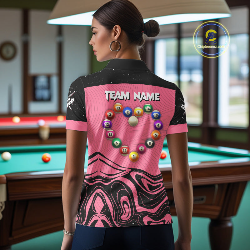 Black And Pink Funny Pool Balls Heart Billiard Shirt For Women Custom Valentine Billiard Jersey TDM5741