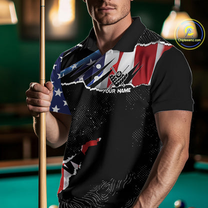 Custom Grunge American Flag Billiard Shirt For Men, Patriotic Pool Team Jersey Polo & 1/4 Zip TDM5927