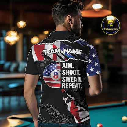 American Flag 8 Ball Aim Shoot Swear Repeat Men's Billiard Shirt Custom Pool Jersey Polo & 1/4 Zip TDM5928