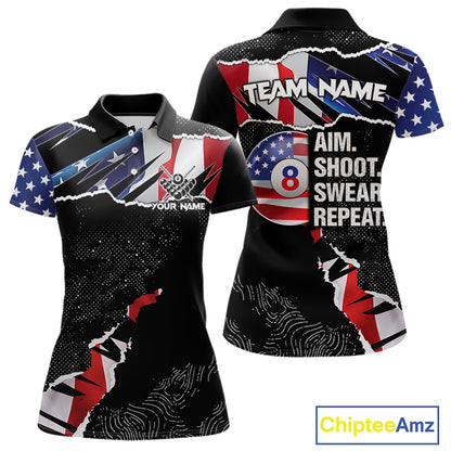 American Flag 8 Ball Aim Shoot Swear Repeat Women's Billiard Shirt Custom Pool Jersey Polo & 1/4 Zip TDM5928