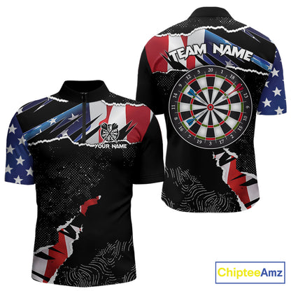 Custom Grunge American Flag Darts Shirt For Men, Patriotic Darts Team Jersey Polo & 1/4 Zip TDM5929