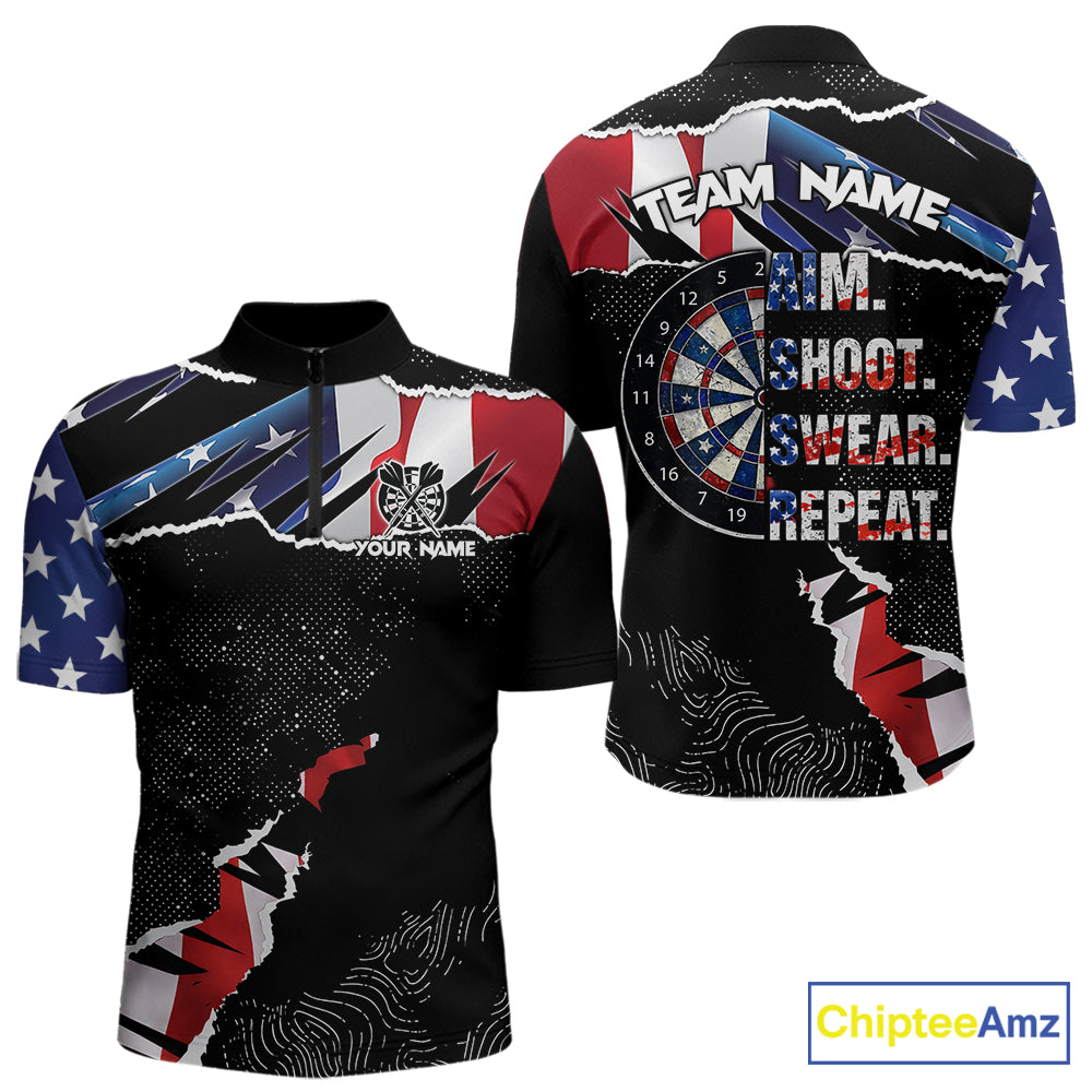 American Flag Aim Shoot Swear Repeat Darts Shirt For Men Custom Darts Jersey Team Polo & 1/4 Zip TDM5930