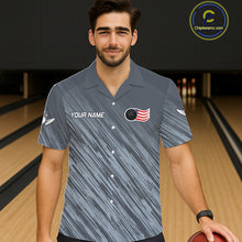 Load image into Gallery viewer, Personalized US Flag Grey Hawaiian Bowling Shirt For Women, Patriotic Bowling Team Jersey TDM6087