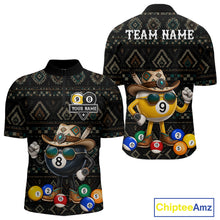 Load image into Gallery viewer, 8 ball and 9 ball tribal pattern billiard quarter zip shirt for men built for tournaments and league play.