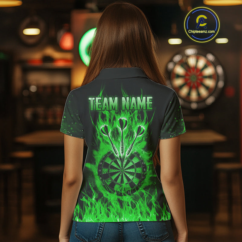 Green Flame Skull Dartboard Shirt For Women Custom Darts League Team Jersey Polo & Quarter Zip TDM5010