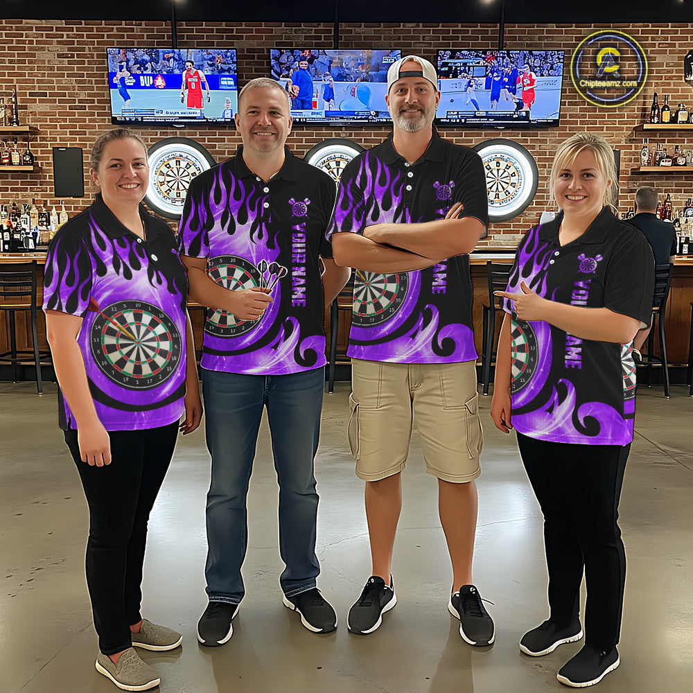 Black And Purple Custom Flame Light Darts Polo & 1/4 Zip For Women, Darts League Team Jersey TDM5480