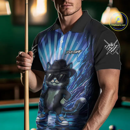 Funny Cat 8 Ball Billiard Shirt For Men Custom Blue Neon Graffiti Billiard Jersey Polo & 1/4 Zip TDM5742
