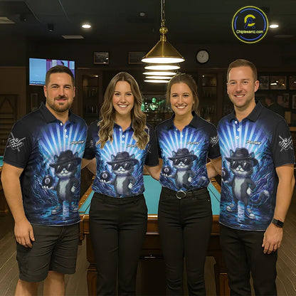 Funny Cat 8 Ball Billiard Shirt For Women Custom Blue Neon Graffiti Billiard Jersey Polo & 1/4 Zip TDM5742