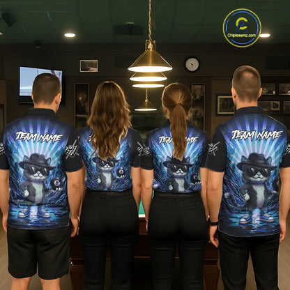Funny Cat 8 Ball Billiard Shirt For Women Custom Blue Neon Graffiti Billiard Jersey Polo & 1/4 Zip TDM5742