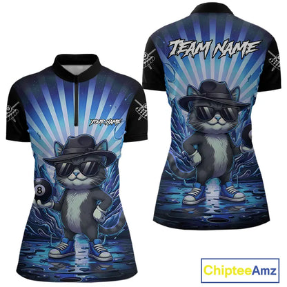 Funny Cat 8 Ball Billiard Shirt For Women Custom Blue Neon Graffiti Billiard Jersey Polo & 1/4 Zip TDM5742