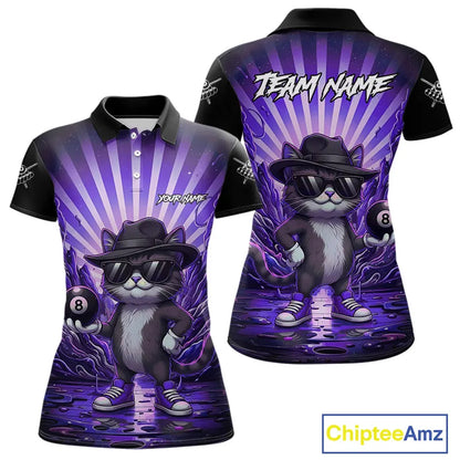 Funny Cat 8 Ball Billiard Shirt For Women Custom Purple Neon Graffiti Billiard Jersey Polo, 1/4 Zip TDM5743