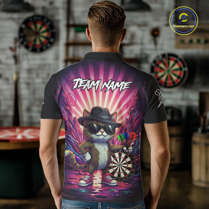 Pink Funny Cat Dartboard Neon Graffiti Darts Shirt For Men Custom Darts Jersey Team Polo & 1/4 Zip TDM5744
