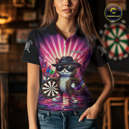 Pink Funny Cat Dartboard Neon Graffiti Darts Shirt For Women Custom Darts Jersey Team Polo & 1/4 Zip TDM5744