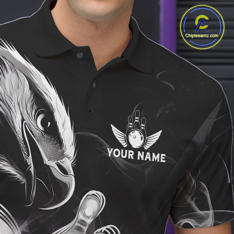 Black And White Custom Eagle Smoke Bowling Shirt For Men, Bowling Team Jersey Polo & 1/4 Zip TDM6356