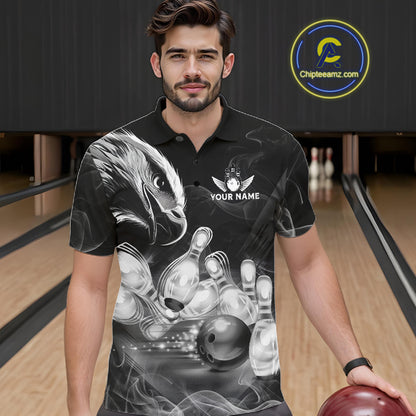 Black And White Custom Eagle Smoke Bowling Shirt For Men, Bowling Team Jersey Polo & 1/4 Zip TDM6356