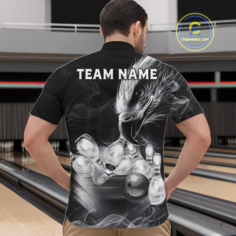 Black And White Custom Eagle Smoke Bowling Shirt For Men, Bowling Team Jersey Polo & 1/4 Zip TDM6356