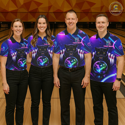 Neon Blue Purple Custom Panther Bowling Shirt For Women, Glowing Bowling Team Jersey Polo & 1/4 Zip TDM6358